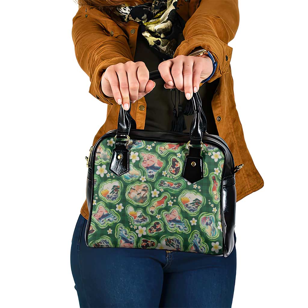Hawaiian and Japanese Culture Together Shoulder Handbag Hawaiian Island Shapes with Japanese Landscape Green Color LT03 One Size Green - Polynesian Pride