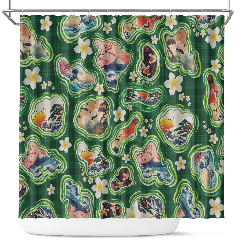 Hawaiian and Japanese Culture Together Shower Curtain Hawaiian Island Shapes with Japanese Landscape Green Color