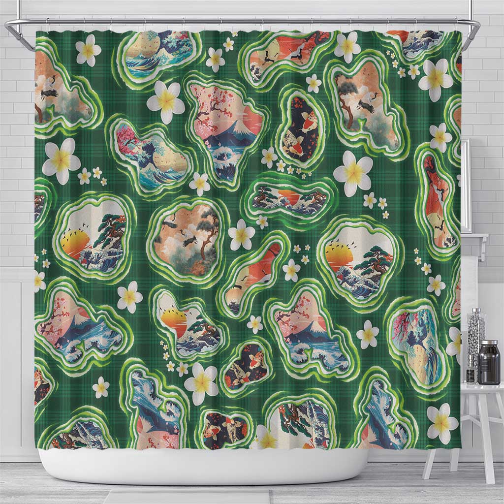 Hawaiian and Japanese Culture Together Shower Curtain Hawaiian Island Shapes with Japanese Landscape Green Color LT03 - Polynesian Pride