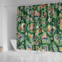 Hawaiian and Japanese Culture Together Shower Curtain Hawaiian Island Shapes with Japanese Landscape Green Color LT03 - Polynesian Pride
