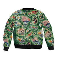 Hawaiian and Japanese Culture Together Sleeve Zip Bomber Jacket Hawaiian Island Shapes with Japanese Landscape Green Color LT03 - Polynesian Pride