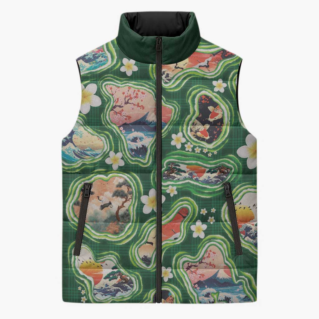 Hawaiian and Japanese Culture Together Sleeveless Puffer Jacket Hawaiian Island Shapes with Japanese Landscape Green Color