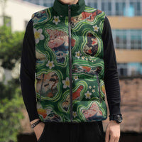 Hawaiian and Japanese Culture Together Sleeveless Puffer Jacket Hawaiian Island Shapes with Japanese Landscape Green Color LT03 - Polynesian Pride
