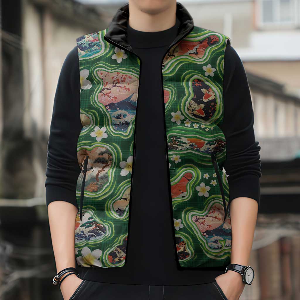 Hawaiian and Japanese Culture Together Sleeveless Puffer Jacket Hawaiian Island Shapes with Japanese Landscape Green Color LT03 - Polynesian Pride