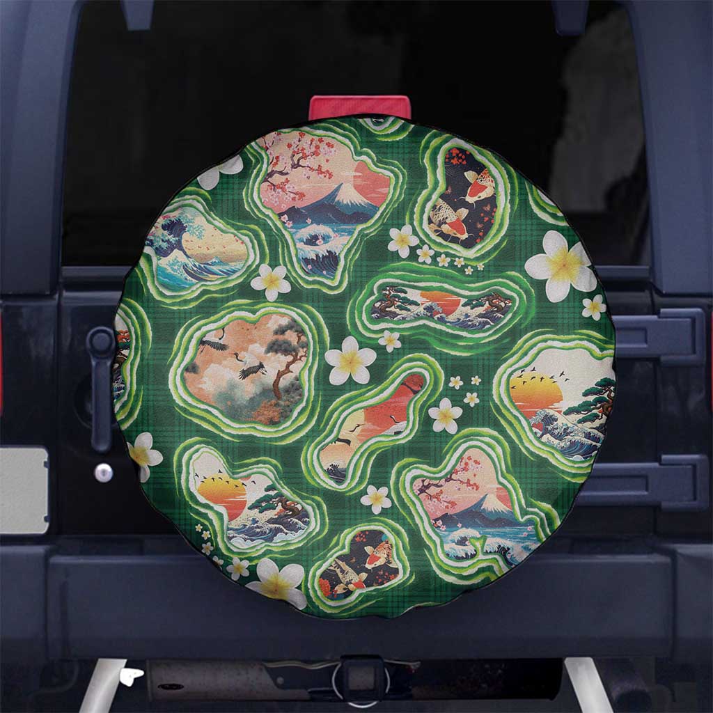 Hawaiian and Japanese Culture Together Spare Tire Cover Hawaiian Island Shapes with Japanese Landscape Green Color