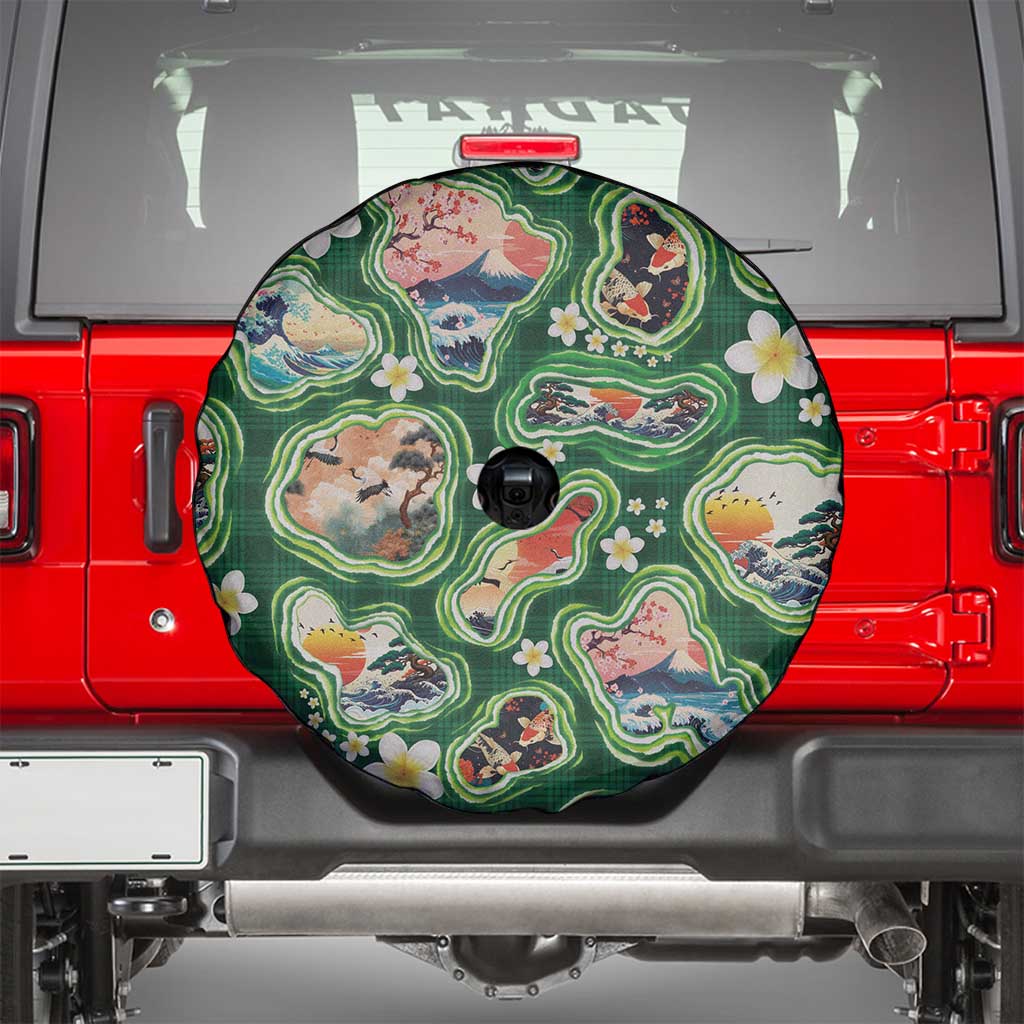 Hawaiian and Japanese Culture Together Spare Tire Cover Hawaiian Island Shapes with Japanese Landscape Green Color LT03 - Polynesian Pride