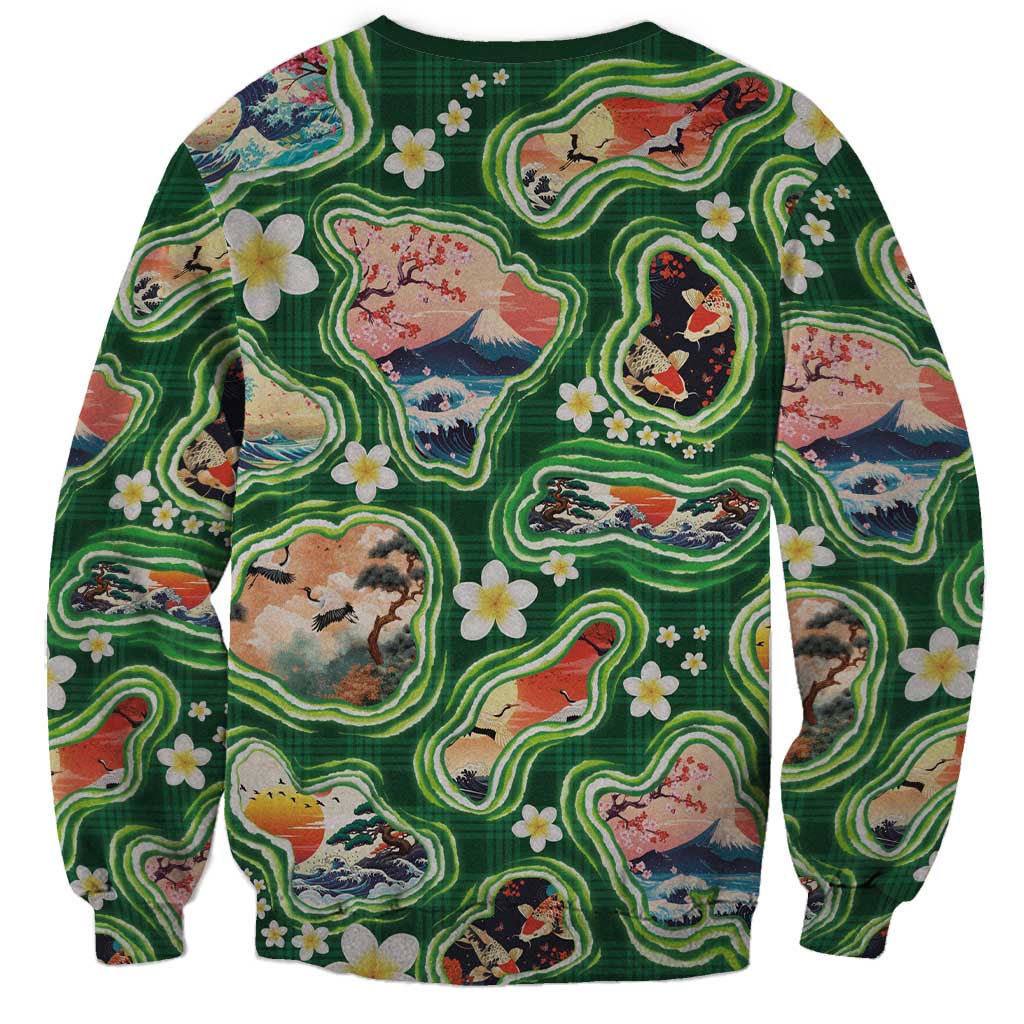 Hawaiian and Japanese Culture Together Sweatshirt Hawaiian Island Shapes with Japanese Landscape Green Color LT03 - Polynesian Pride