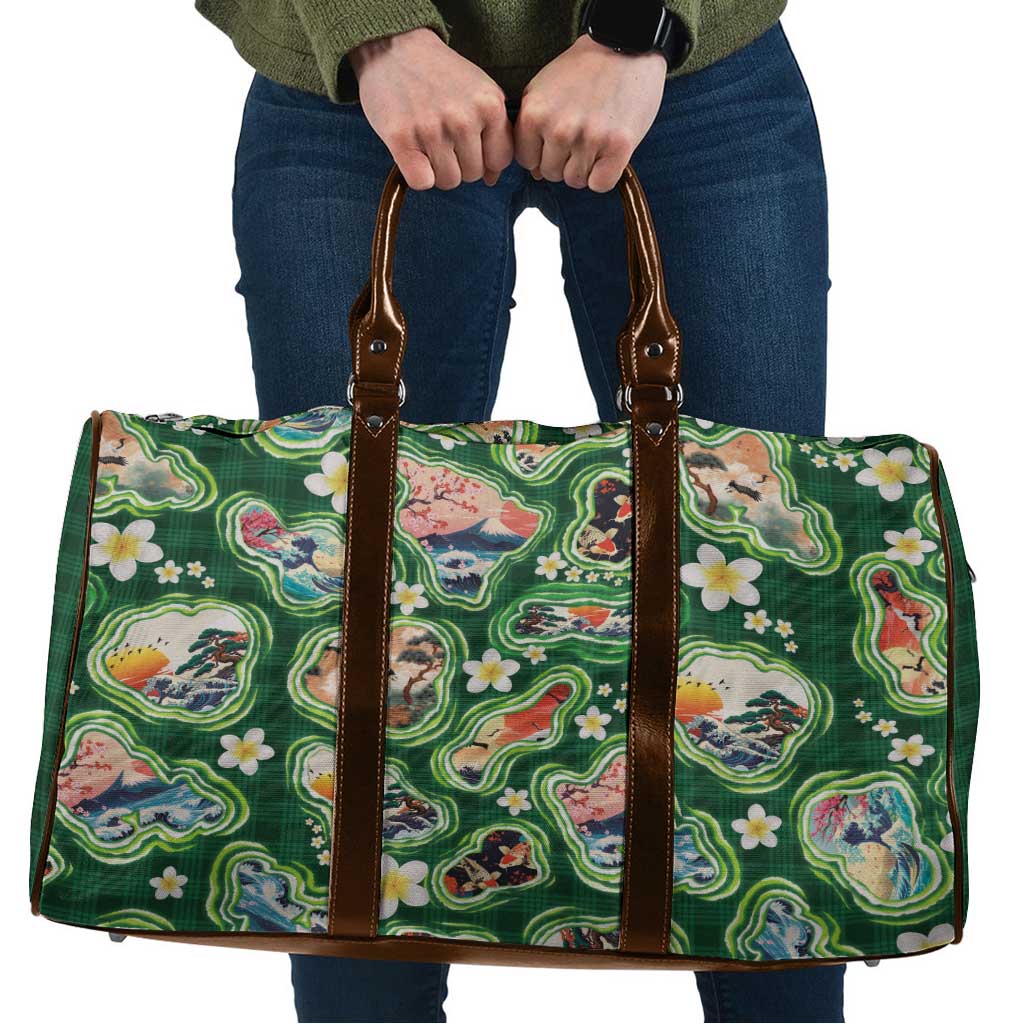 Hawaiian and Japanese Culture Together Travel Bag Hawaiian Island Shapes with Japanese Landscape Green Color LT03 Green - Polynesian Pride