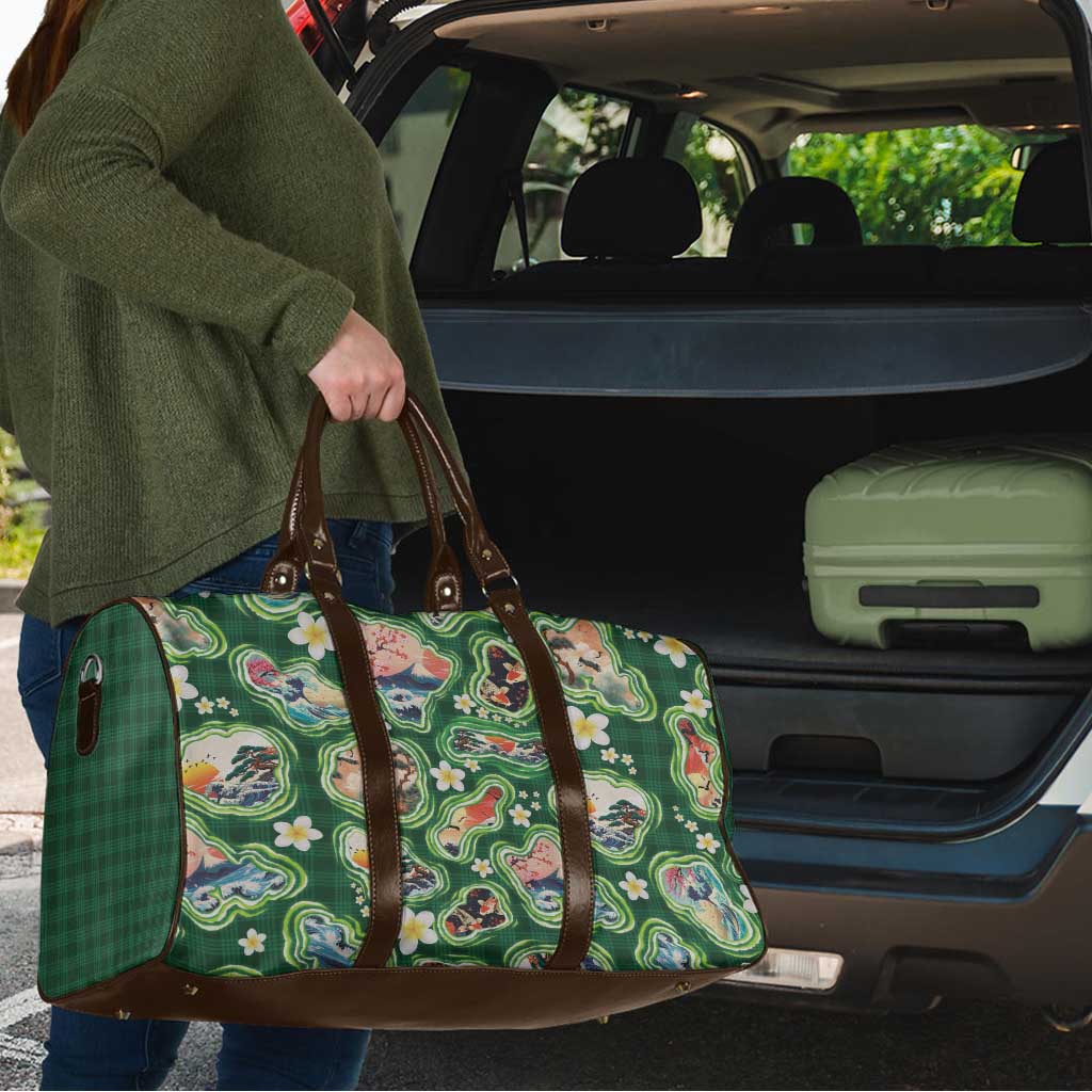 Hawaiian and Japanese Culture Together Travel Bag Hawaiian Island Shapes with Japanese Landscape Green Color LT03 - Polynesian Pride
