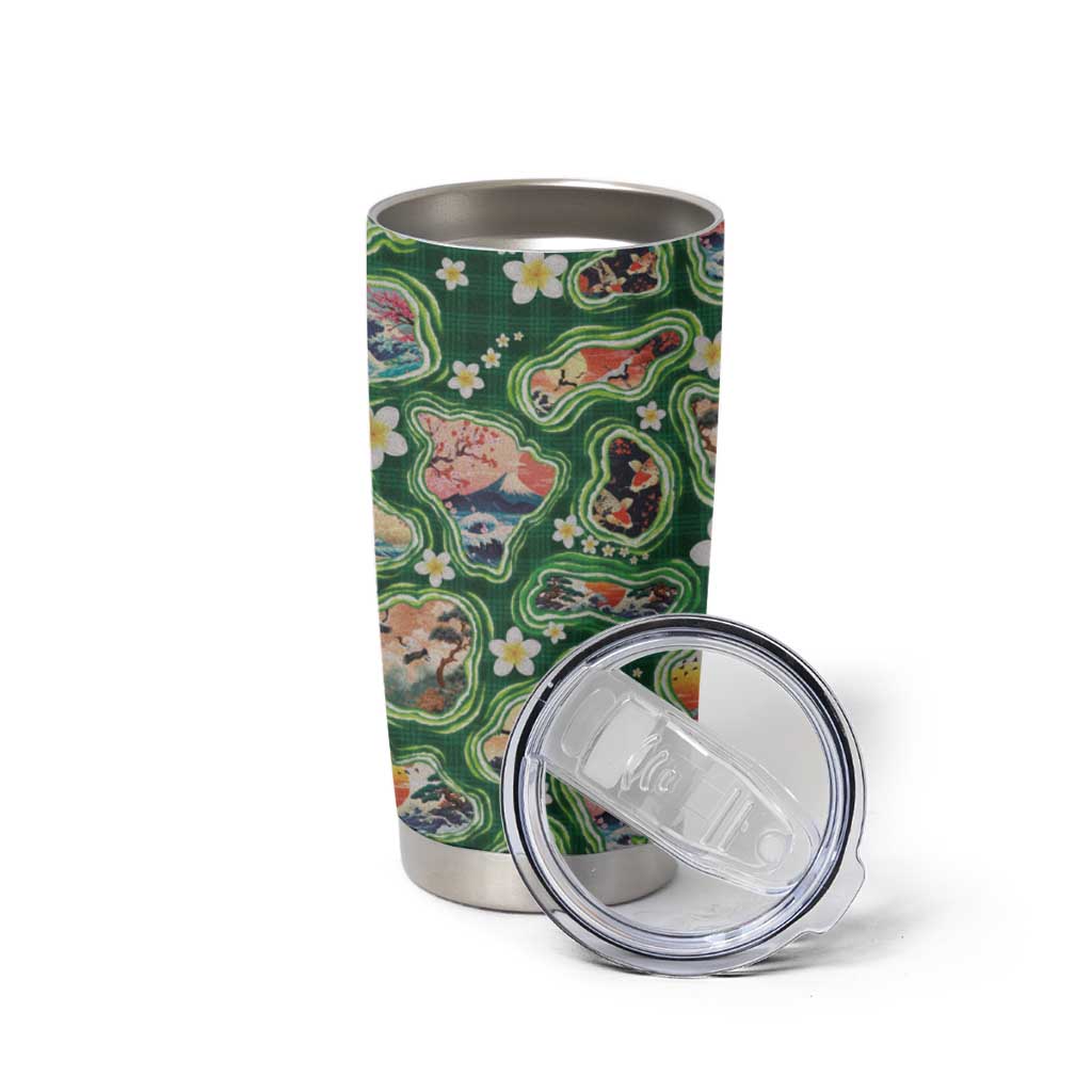 Hawaiian and Japanese Culture Together Tumbler Cup Hawaiian Island Shapes with Japanese Landscape Green Color LT03 - Polynesian Pride