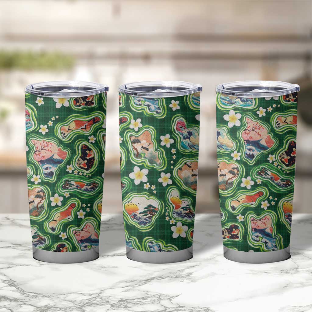 Hawaiian and Japanese Culture Together Tumbler Cup Hawaiian Island Shapes with Japanese Landscape Green Color LT03 - Polynesian Pride