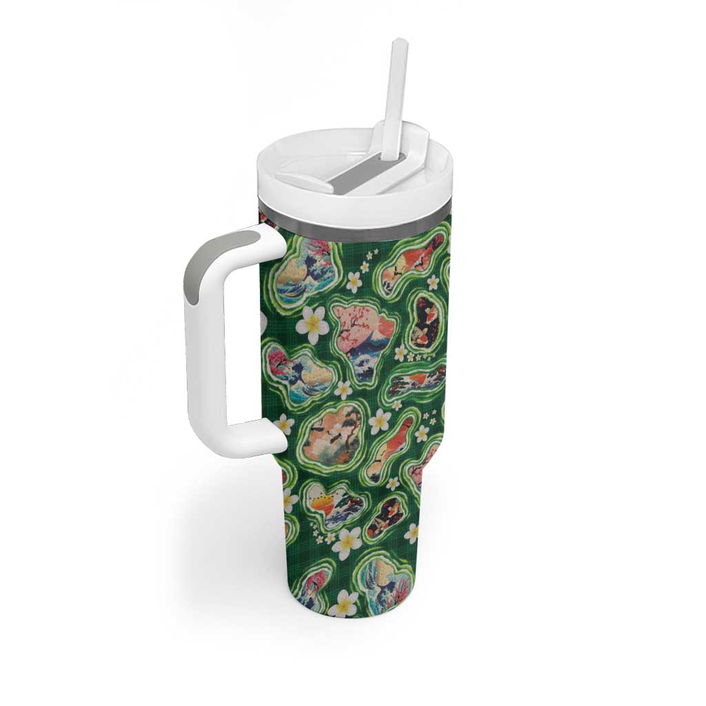 Hawaiian and Japanese Culture Together Tumbler With Handle Hawaiian Island Shapes with Japanese Landscape Green Color LT03 - Polynesian Pride