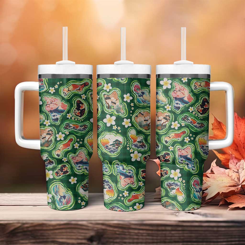 Hawaiian and Japanese Culture Together Tumbler With Handle Hawaiian Island Shapes with Japanese Landscape Green Color LT03 - Polynesian Pride