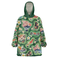 Hawaiian and Japanese Culture Together Wearable Blanket Hoodie Hawaiian Island Shapes with Japanese Landscape Green Color LT03 One Size Green - Polynesian Pride