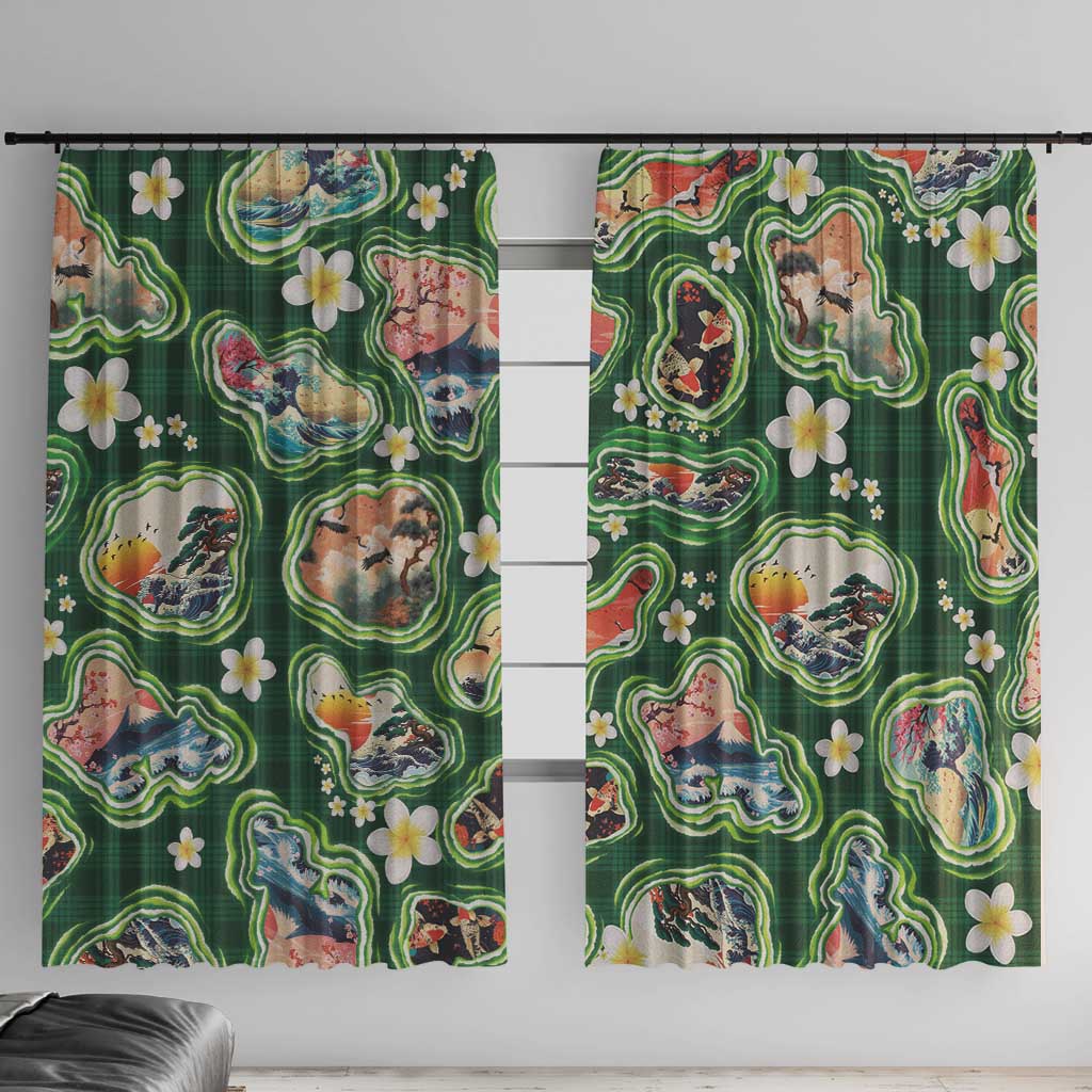 Hawaiian and Japanese Culture Together Window Curtain Hawaiian Island Shapes with Japanese Landscape Green Color LT03 With Hooks Green - Polynesian Pride