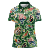 Hawaiian and Japanese Culture Together Women Polo Shirt Hawaiian Island Shapes with Japanese Landscape Green Color LT03 Female Green - Polynesian Pride