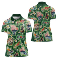 Hawaiian and Japanese Culture Together Women Polo Shirt Hawaiian Island Shapes with Japanese Landscape Green Color LT03 - Polynesian Pride