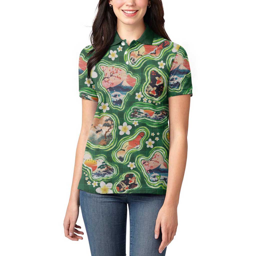 Hawaiian and Japanese Culture Together Women Polo Shirt Hawaiian Island Shapes with Japanese Landscape Green Color LT03 - Polynesian Pride