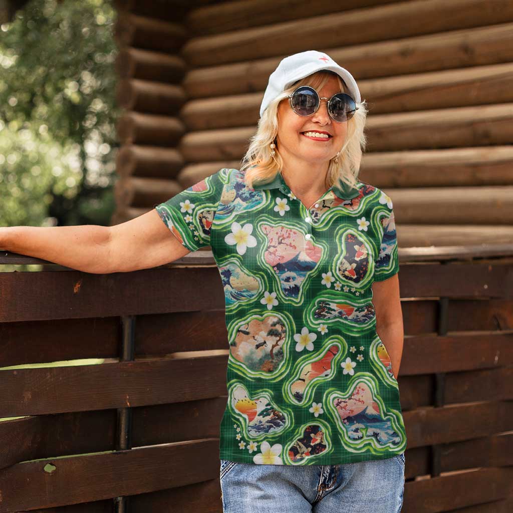 Hawaiian and Japanese Culture Together Women Polo Shirt Hawaiian Island Shapes with Japanese Landscape Green Color LT03 - Polynesian Pride