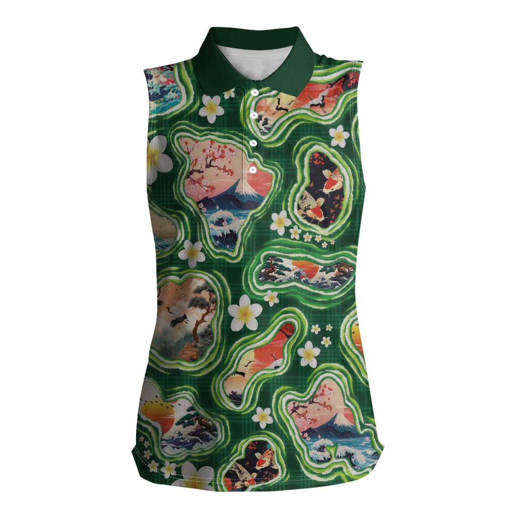 Hawaiian and Japanese Culture Together Women Sleeveless Polo Shirt Hawaiian Island Shapes with Japanese Landscape Green Color