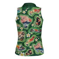 Hawaiian and Japanese Culture Together Women Sleeveless Polo Shirt Hawaiian Island Shapes with Japanese Landscape Green Color LT03 - Polynesian Pride