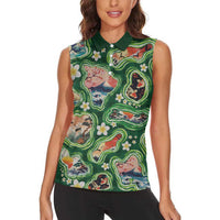 Hawaiian and Japanese Culture Together Women Sleeveless Polo Shirt Hawaiian Island Shapes with Japanese Landscape Green Color LT03 - Polynesian Pride
