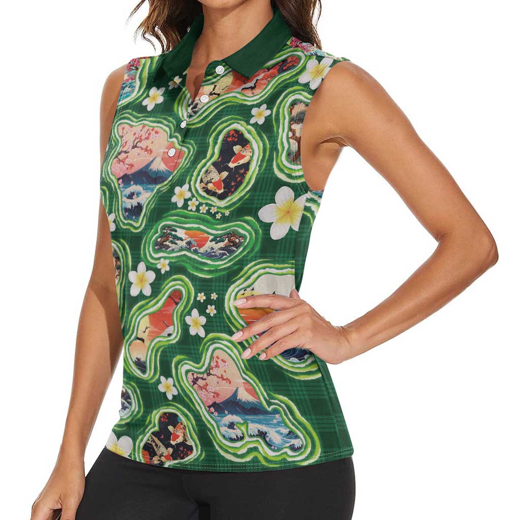 Hawaiian and Japanese Culture Together Women Sleeveless Polo Shirt Hawaiian Island Shapes with Japanese Landscape Green Color LT03 - Polynesian Pride