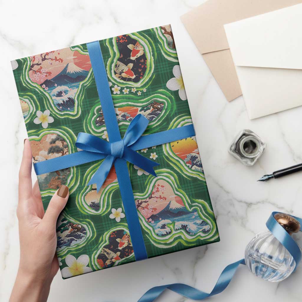 Hawaiian and Japanese Culture Together Wrapping Paper Hawaiian Island Shapes with Japanese Landscape Green Color LT03 - Polynesian Pride
