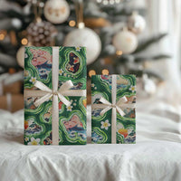 Hawaiian and Japanese Culture Together Wrapping Paper Hawaiian Island Shapes with Japanese Landscape Green Color LT03 - Polynesian Pride