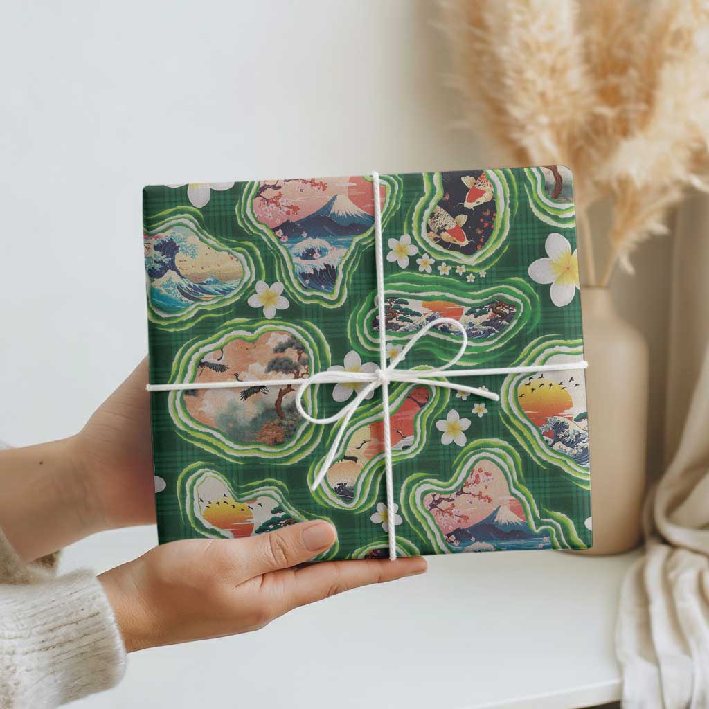 Hawaiian and Japanese Culture Together Wrapping Paper Hawaiian Island Shapes with Japanese Landscape Green Color LT03 - Polynesian Pride
