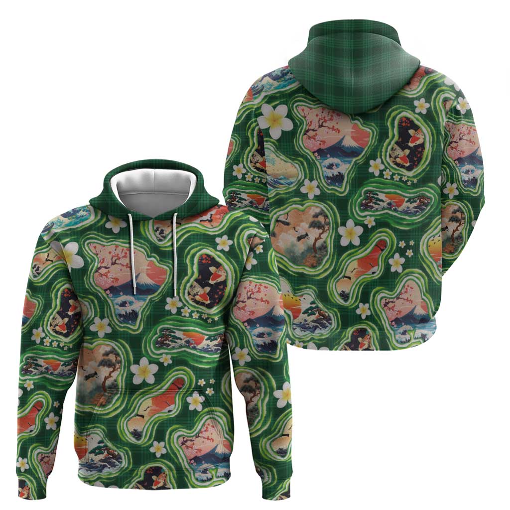 Hawaiian and Japanese Culture Together Zip Hoodie Hawaiian Island Shapes with Japanese Landscape Green Color LT03 - Polynesian Pride