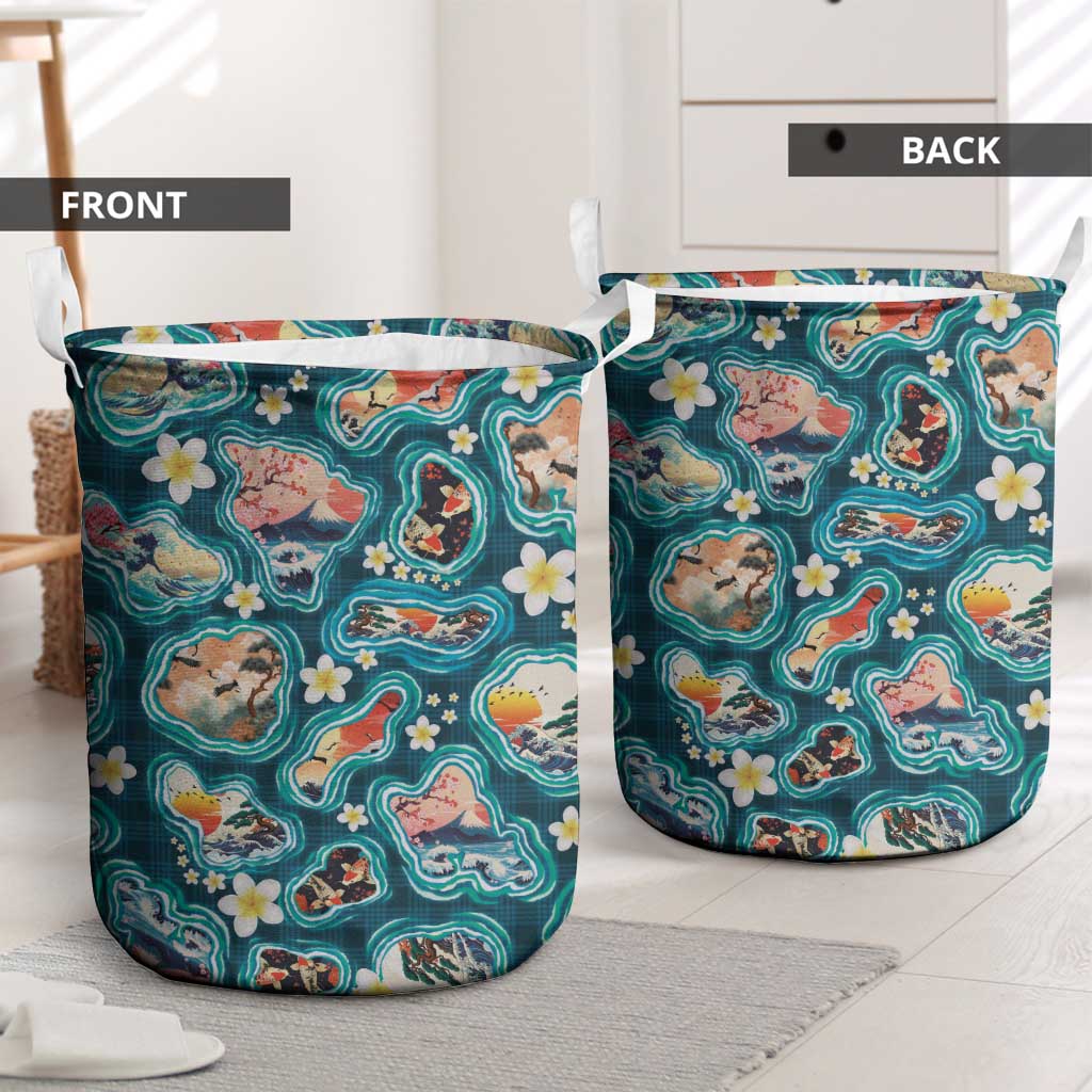 Hawaiian and Japanese Culture Together Laundry Basket Hawaiian Island Shapes with Japanese Landscape Teal Color LT03 - Polynesian Pride