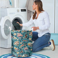 Hawaiian and Japanese Culture Together Laundry Basket Hawaiian Island Shapes with Japanese Landscape Teal Color LT03 - Polynesian Pride