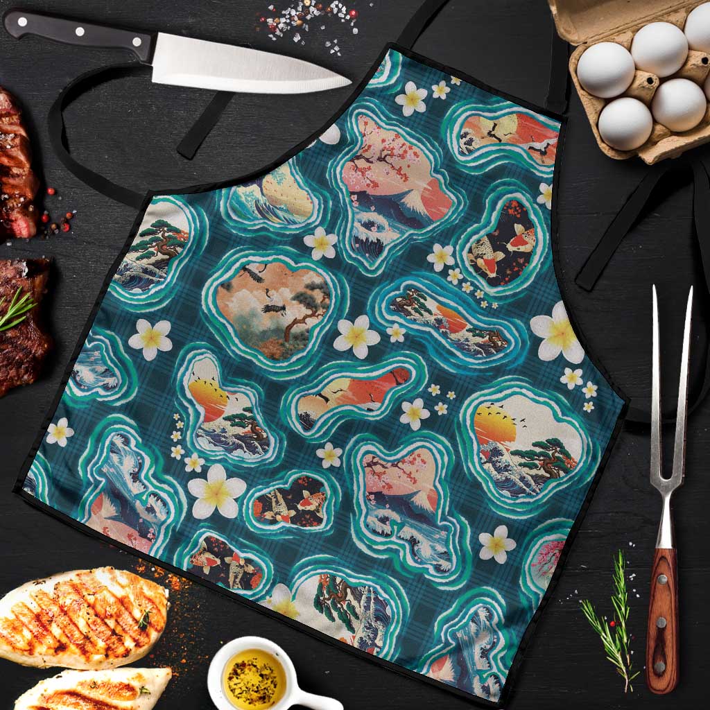 Hawaiian and Japanese Culture Together Apron Hawaiian Island Shapes with Japanese Landscape Teal Color LT03 Teal - Polynesian Pride