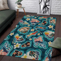 Hawaiian and Japanese Culture Together Area Rug Hawaiian Island Shapes with Japanese Landscape Teal Color LT03 Teal - Polynesian Pride