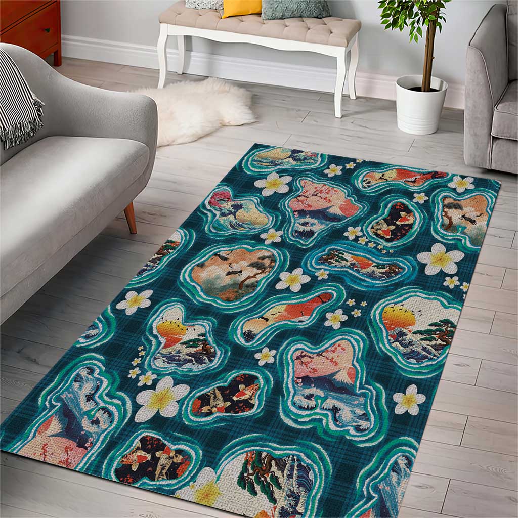 Hawaiian and Japanese Culture Together Area Rug Hawaiian Island Shapes with Japanese Landscape Teal Color LT03 - Polynesian Pride