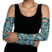 Hawaiian and Japanese Culture Together Arm Sleeves Hawaiian Island Shapes with Japanese Landscape Teal Color LT03 - Polynesian Pride