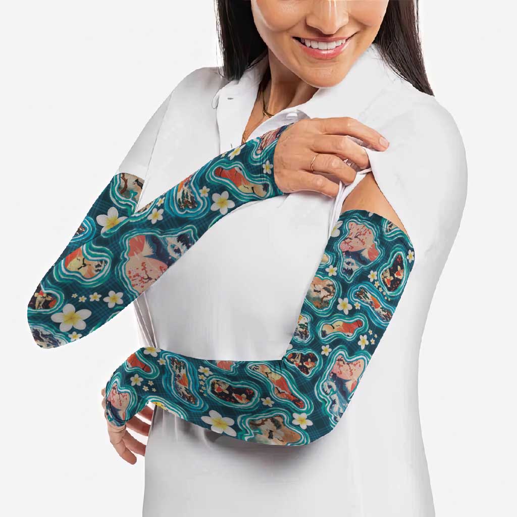Hawaiian and Japanese Culture Together Arm Sleeves Hawaiian Island Shapes with Japanese Landscape Teal Color LT03 - Polynesian Pride
