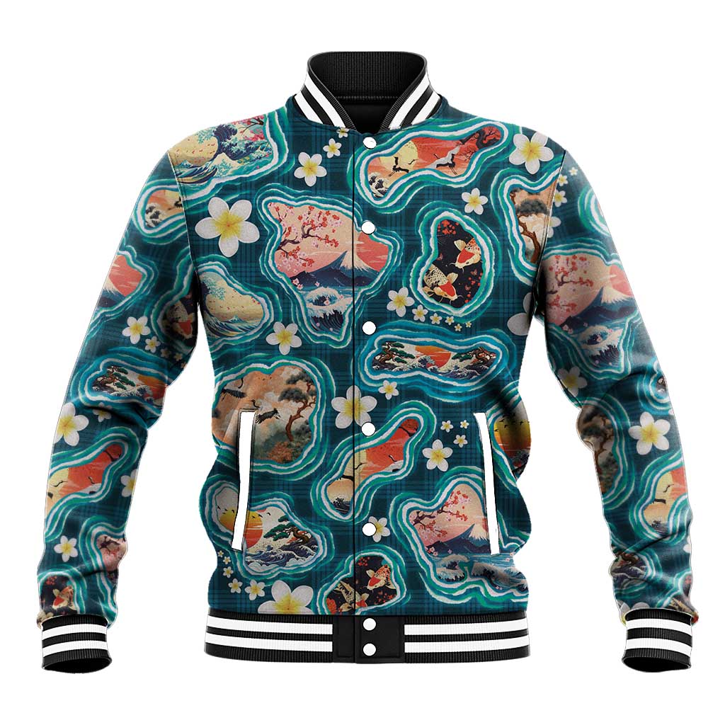 Hawaiian and Japanese Culture Together Baseball Jacket Hawaiian Island Shapes with Japanese Landscape Teal Color LT03 Unisex Teal - Polynesian Pride