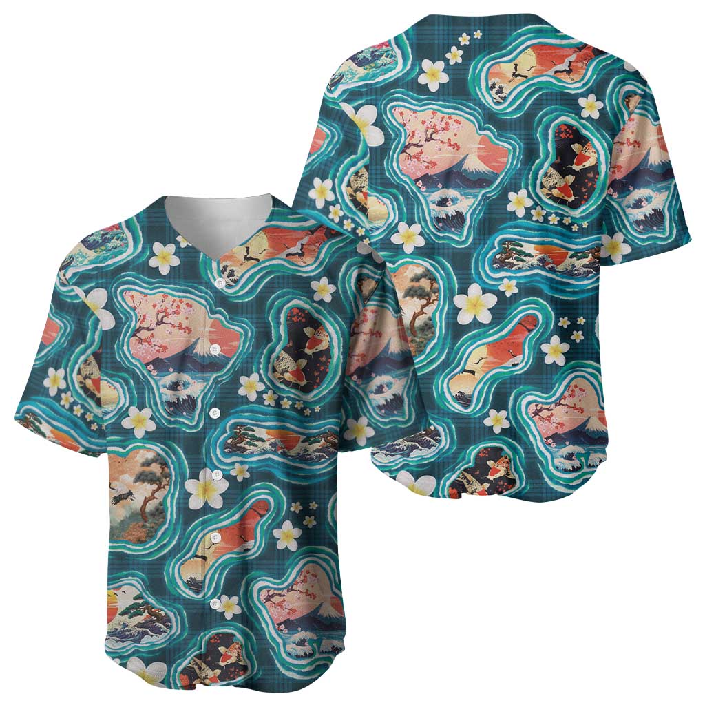 Hawaiian and Japanese Culture Together Baseball Jersey Hawaiian Island Shapes with Japanese Landscape Teal Color LT03 - Polynesian Pride
