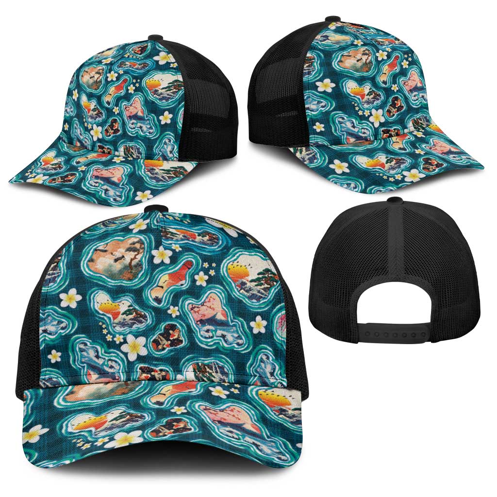 Hawaiian and Japanese Culture Together Baseball Net Cap Hawaiian Island Shapes with Japanese Landscape Teal Color LT03 - Polynesian Pride