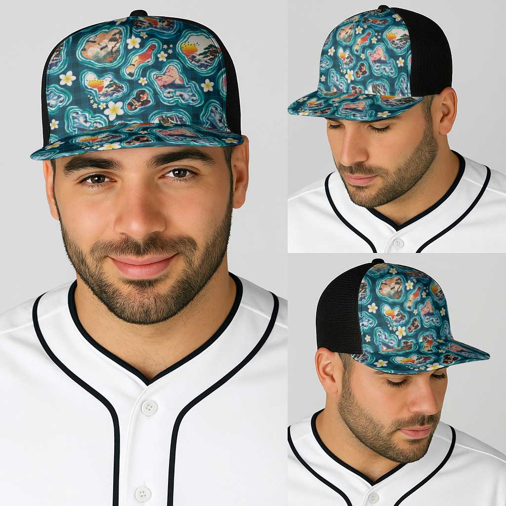 Hawaiian and Japanese Culture Together Baseball Net Cap Hawaiian Island Shapes with Japanese Landscape Teal Color LT03 - Polynesian Pride