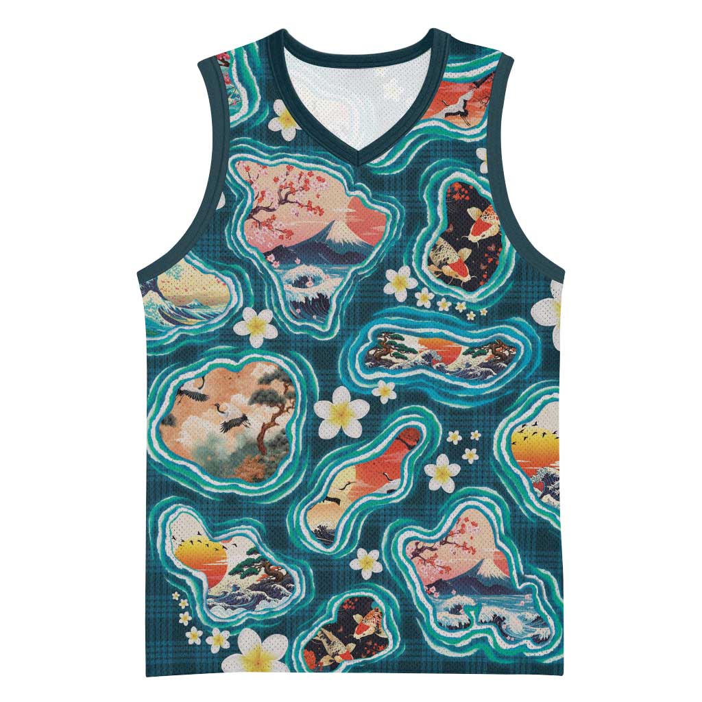 Hawaiian and Japanese Culture Together Basketball Jersey Hawaiian Island Shapes with Japanese Landscape Teal Color LT03 Unisex Teal - Polynesian Pride