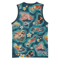 Hawaiian and Japanese Culture Together Basketball Jersey Hawaiian Island Shapes with Japanese Landscape Teal Color LT03 - Polynesian Pride
