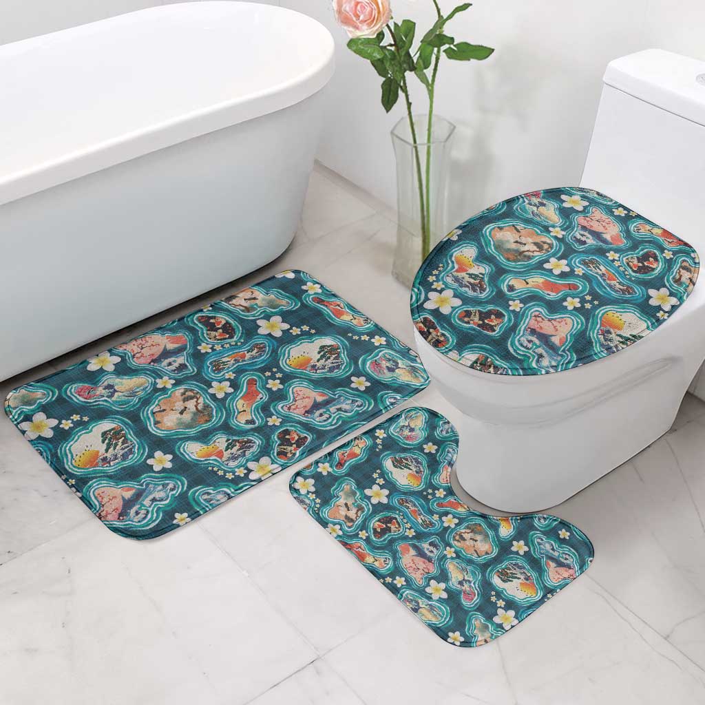 Hawaiian and Japanese Culture Together Bathroom Set Hawaiian Island Shapes with Japanese Landscape Teal Color LT03 - Polynesian Pride