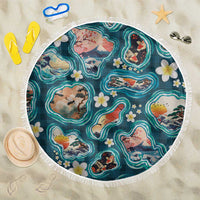 Hawaiian and Japanese Culture Together Beach Blanket Hawaiian Island Shapes with Japanese Landscape Teal Color LT03 One Size 150cm Teal - Polynesian Pride