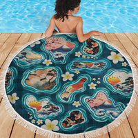 Hawaiian and Japanese Culture Together Beach Blanket Hawaiian Island Shapes with Japanese Landscape Teal Color LT03 - Polynesian Pride
