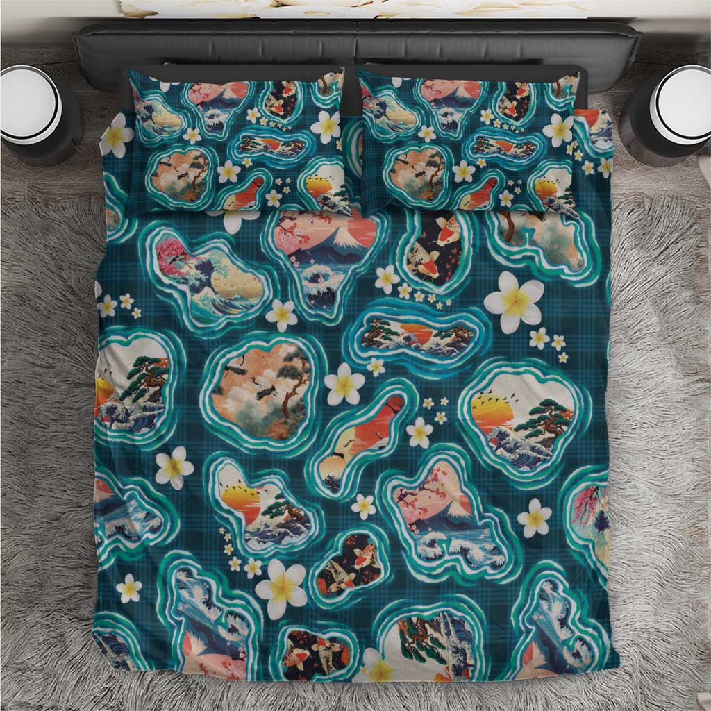 Hawaiian and Japanese Culture Together Bedding Set Hawaiian Island Shapes with Japanese Landscape Teal Color LT03 Teal - Polynesian Pride