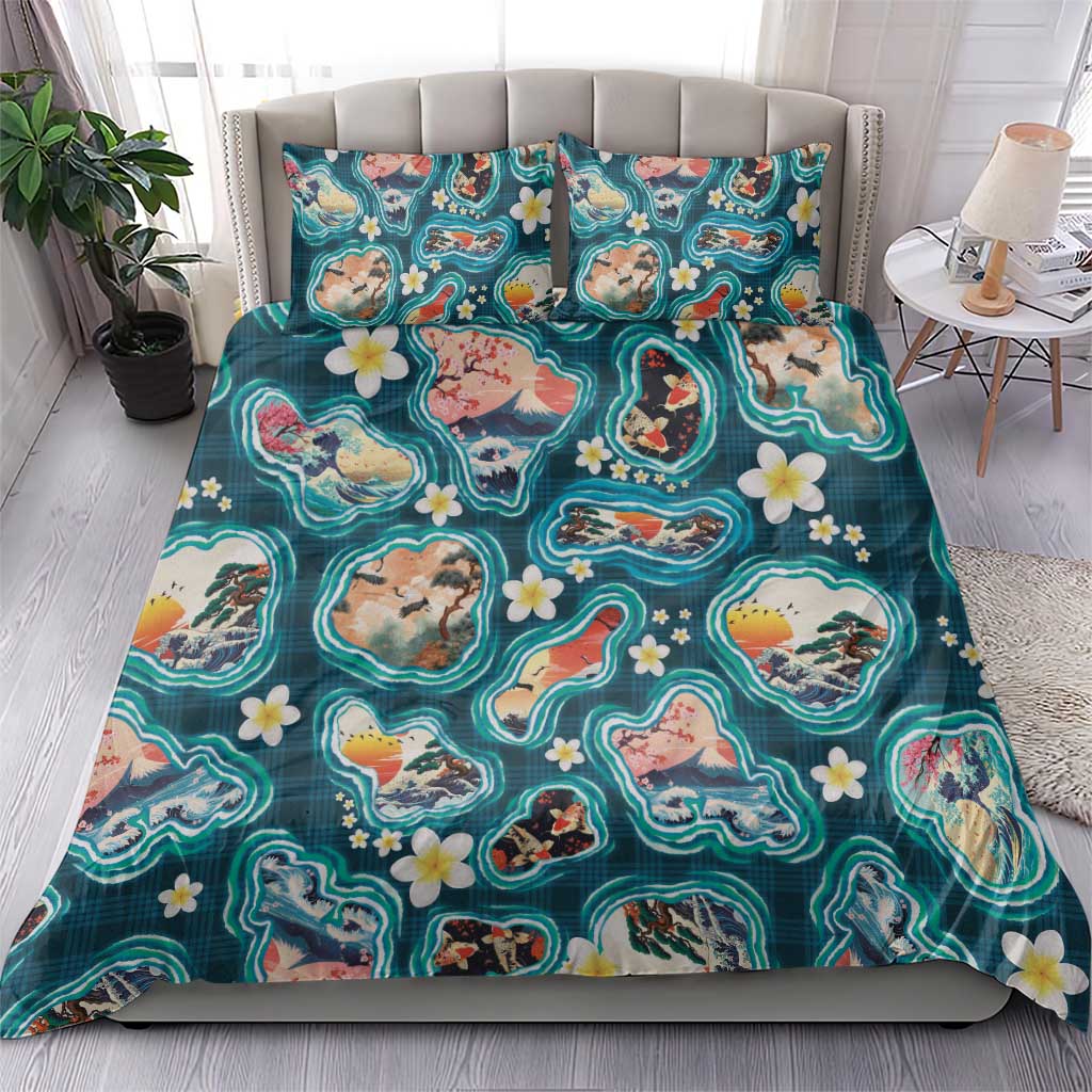 Hawaiian and Japanese Culture Together Bedding Set Hawaiian Island Shapes with Japanese Landscape Teal Color LT03 - Polynesian Pride