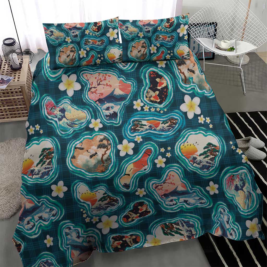Hawaiian and Japanese Culture Together Bedding Set Hawaiian Island Shapes with Japanese Landscape Teal Color LT03 - Polynesian Pride